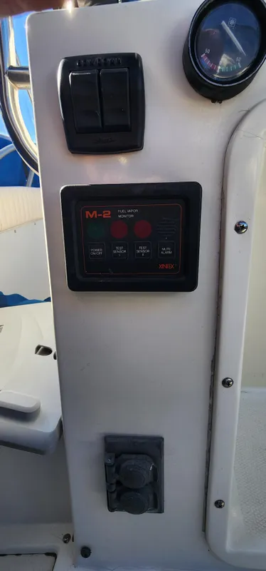Control panel of a 1985 Bertram 33 Flybridge Cruiser boat.
