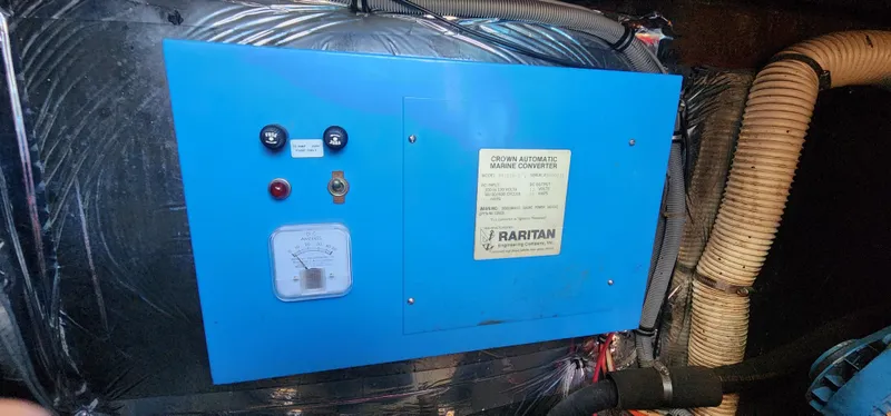 Electrical panel on a 1985 Bertram 33 Flybridge Cruiser boat.