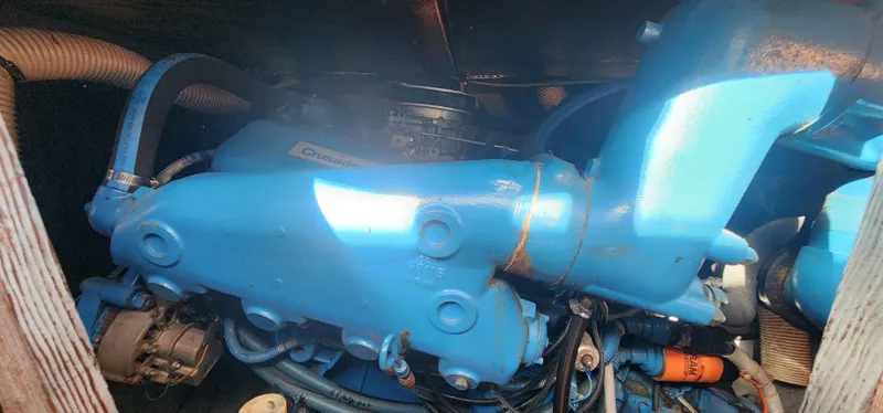 Engine of 1985 Bertram 33 Flybridge Cruiser, featuring blue components and visible hoses.