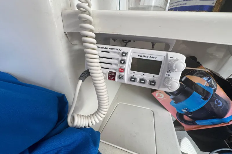 VHF radio on a 2007 Flying Tiger 10M sailboat, featuring Standard Horizon Eclipse DSC+.