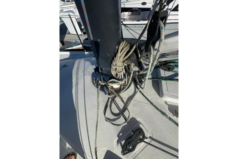 Close-up of a 2007 Flying Tiger 10M sailboat deck with rigging and ropes.