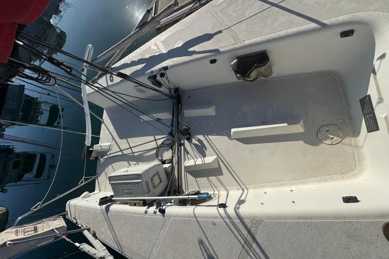 Cockpit of a 2007 Flying Tiger 10M sailboat with rigging and equipment.