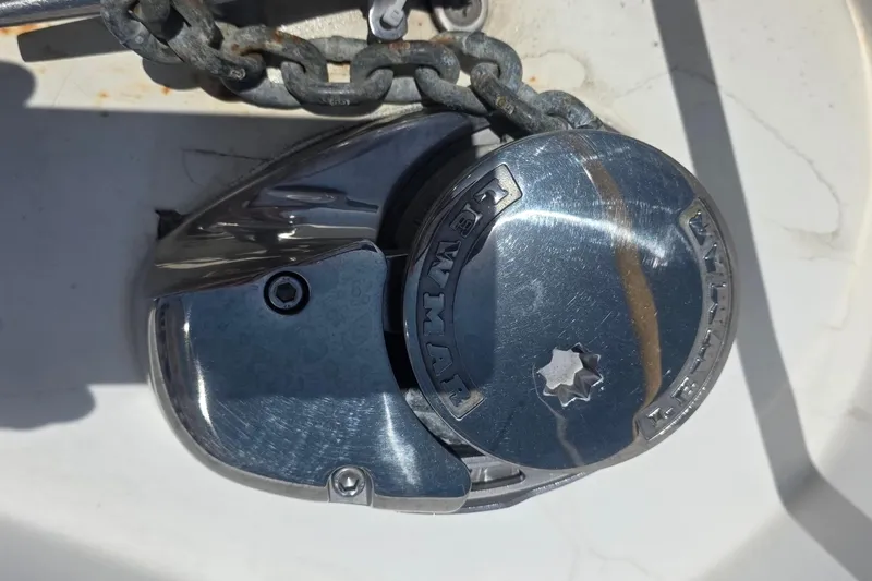 Close-up of a Lewmar windlass on a 2001 Doral 250se boat.