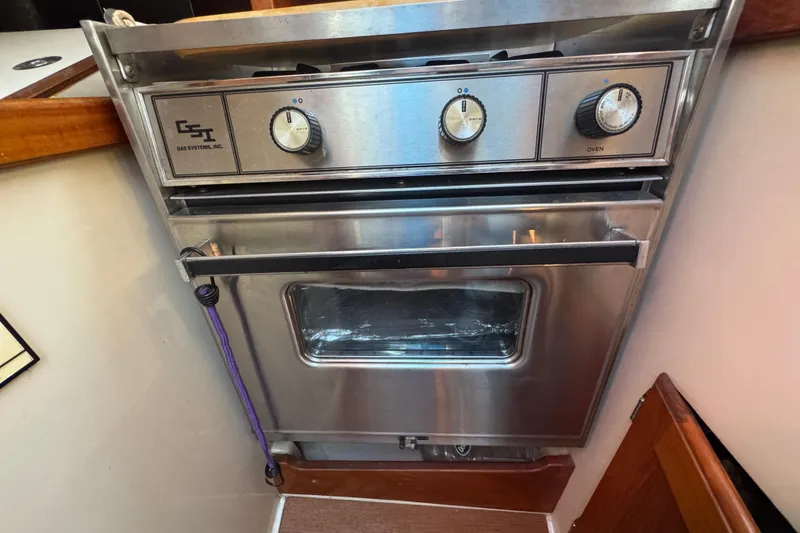 Stainless steel oven in 1985 Catalina 38 yacht kitchen.