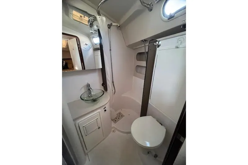 2016 Catalina 385 yacht bathroom with shower, sink, and toilet.