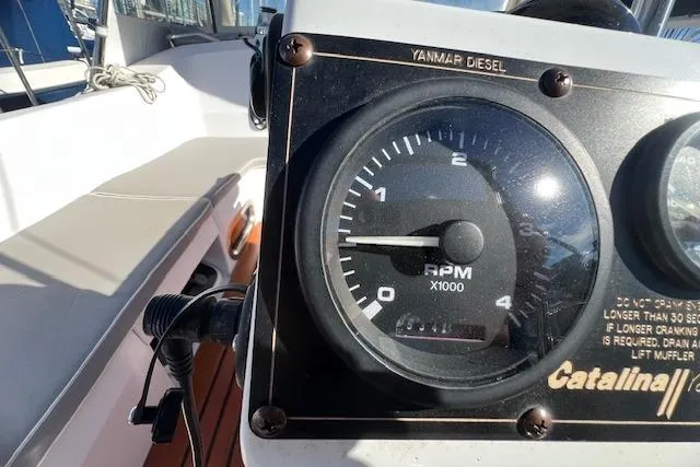 Close-up of a Catalina 385 tachometer, showing Yanmar Diesel engine RPM gauge.