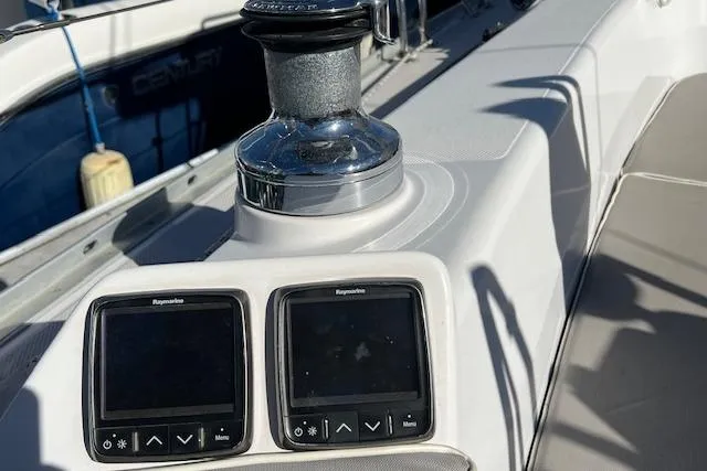 Cockpit of 2016 Catalina 385 sailboat with Raymarine displays and winch.