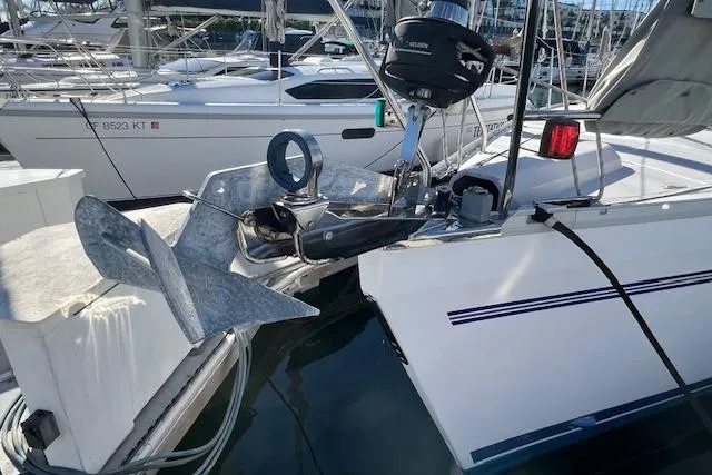 Catalina 385 sailboat, 2016 model, docked with visible anchor and equipment.
