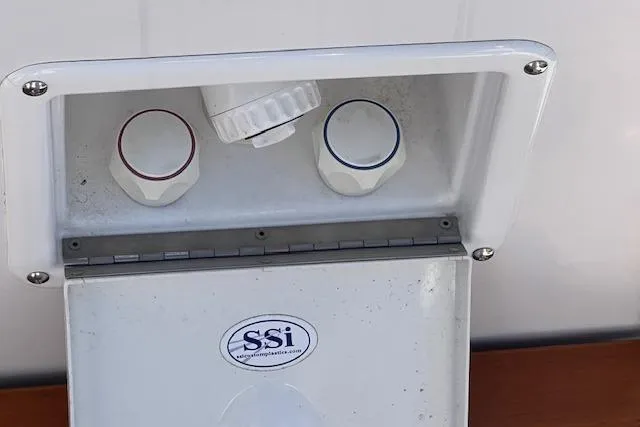 Outdoor shower controls on a 2016 Catalina 385 sailboat.