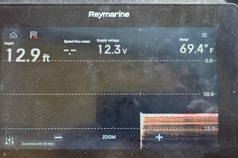 Raymarine display showing depth, voltage, and water temperature on 2001 Cruisers Yachts 340 Express.