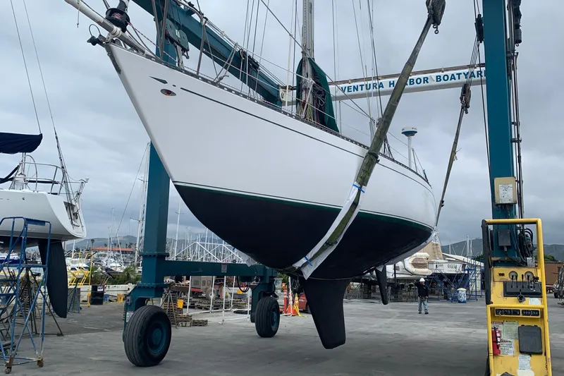 1972 Tartan 41 sailboat in Ventura Harbor Boatyard, lifted for maintenance.
