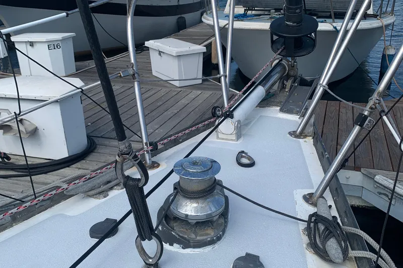 Deck of a 1972 Tartan 41 sailboat docked at a marina.