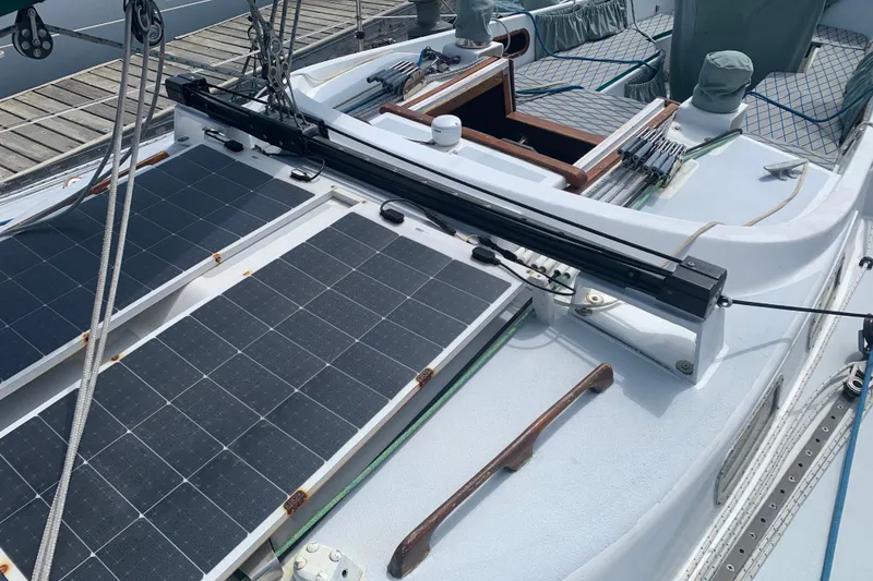 1972 Tartan 41 sailboat deck with solar panels and rigging.