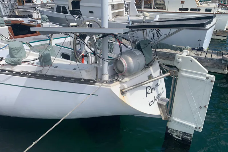 1972 Tartan 41 sailboat docked, featuring a white hull and visible equipment.