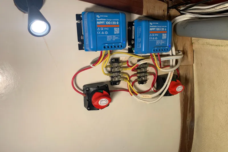 Electrical setup with Victron Energy SmartSolar charge controllers on a 1972 Tartan 41.