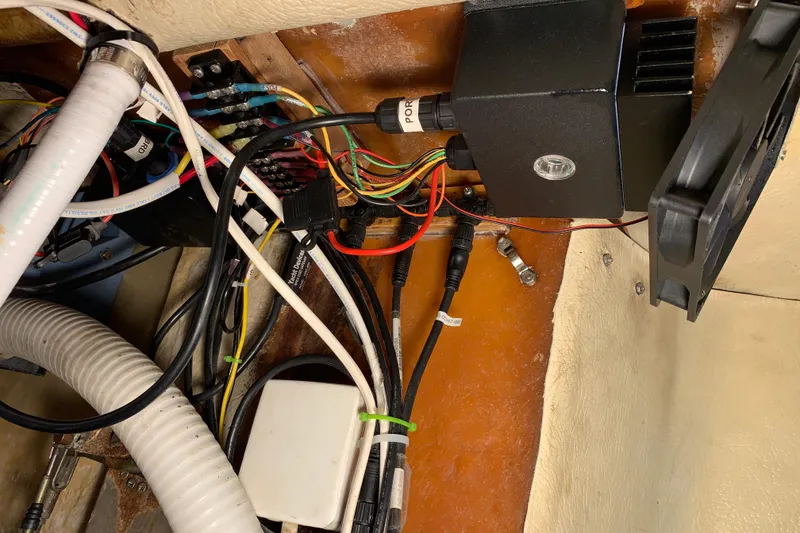 Electrical wiring and components inside a 1972 Tartan 41 boat.