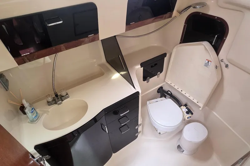 Compact bathroom in a 1995 Hunter 336 sailboat, featuring a sink and marine toilet.