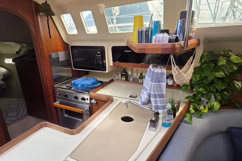 Cozy 1995 Hunter 336 yacht kitchen with stove, microwave, and lush greenery.