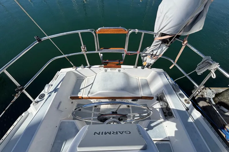 Cockpit of a 1988 Catalina 34 sailboat with Garmin navigation equipment.