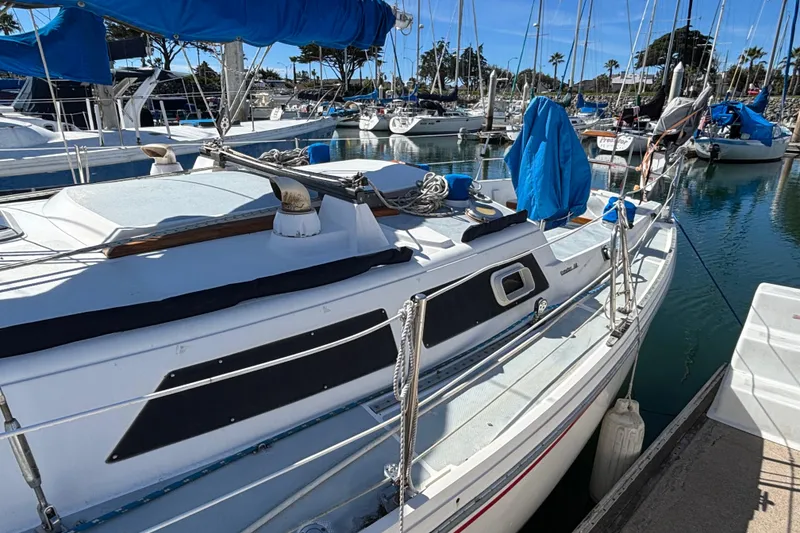 1988 Catalina 34 sailboat docked in a marina, surrounded by other boats.