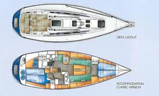 Deck and interior layout of 2002 X-Yachts X-382 sailboat.