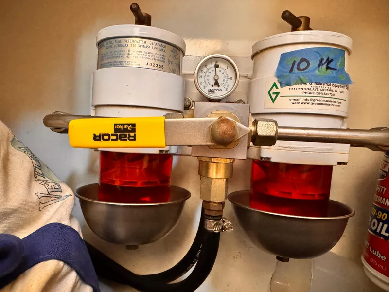 Fuel filter system on a 2002 X-Yachts X-382 sailboat, featuring dual Racor filters.