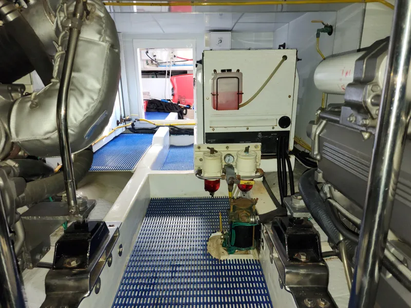 Engine room of 2007 Ocean Alexander Veloce yacht, showcasing machinery and equipment.