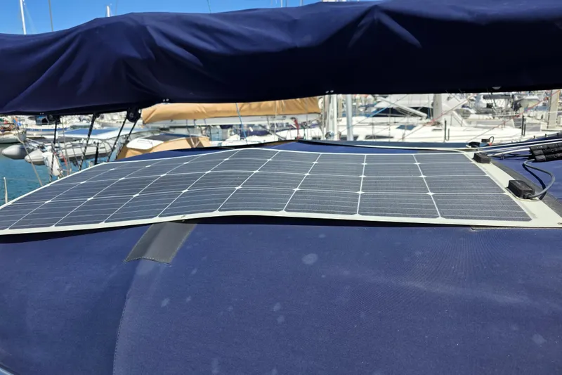 Solar panel on 2007 Jeanneau 49 Performance yacht, docked in marina.