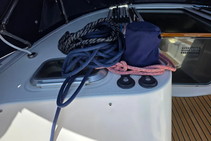 Coiled ropes on Jeanneau 49 Performance yacht deck, 2007 model.