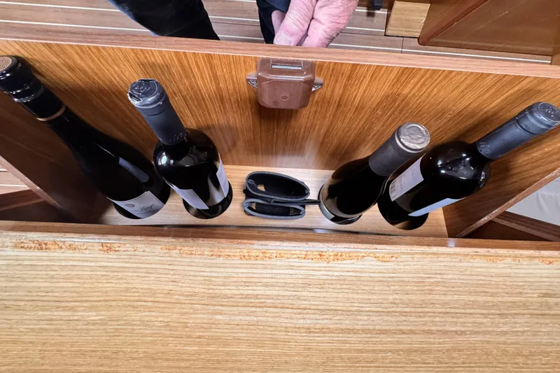 Wine storage compartment on 2007 Jeanneau Sun Odyssey 49 Performance yacht.