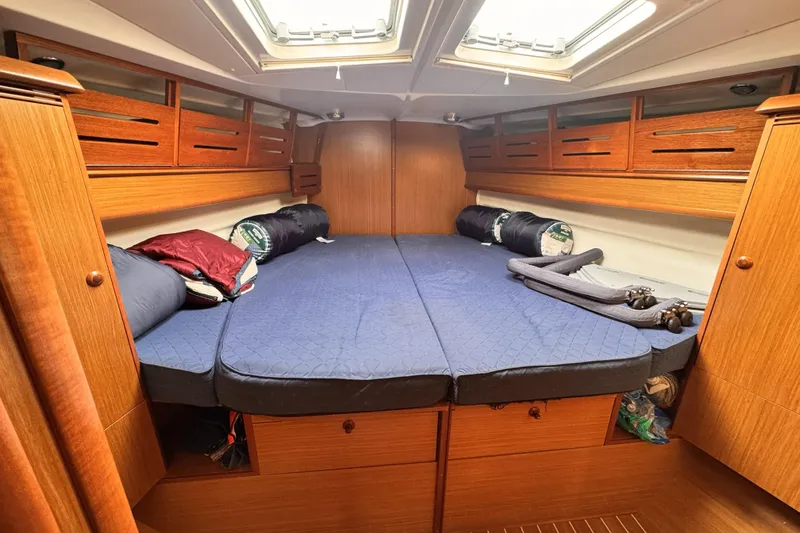 Cozy cabin interior of 2007 Jeanneau Sun Odyssey 49 Performance sailboat.