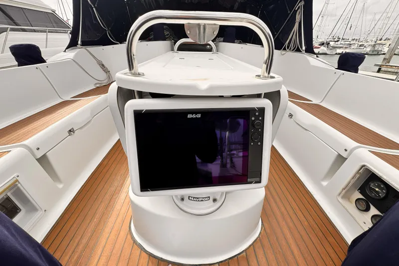 Cockpit of 2007 Jeanneau Sun Odyssey 49 Performance with navigation display.