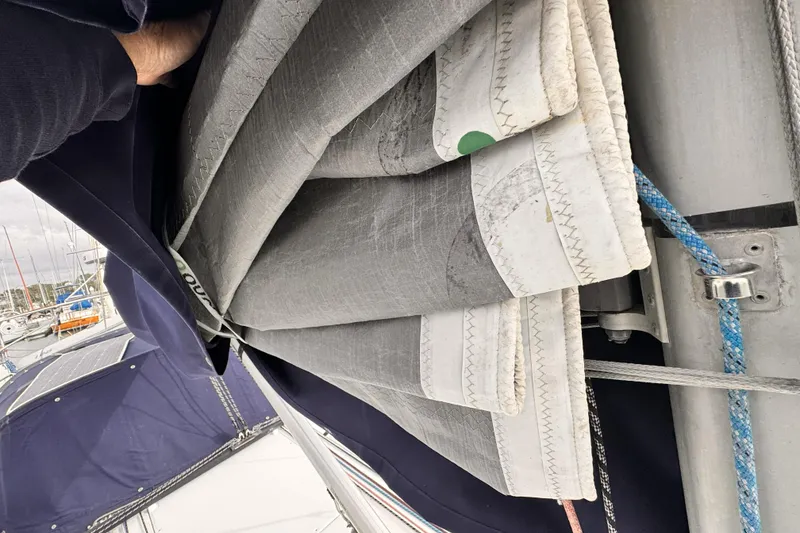Folded sail on a 2007 Jeanneau Sun Odyssey 49 Performance yacht.