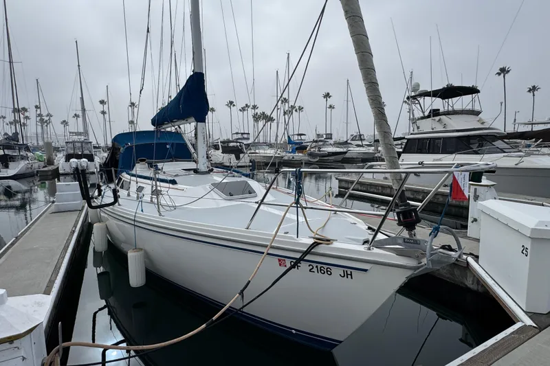 1991 Catalina 36MKI sailboat docked in a marina, surrounded by other boats.