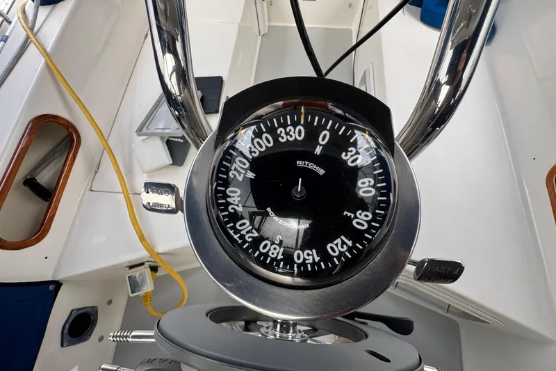 Compass on a 1991 Catalina 36MKI sailboat, showing navigation details.