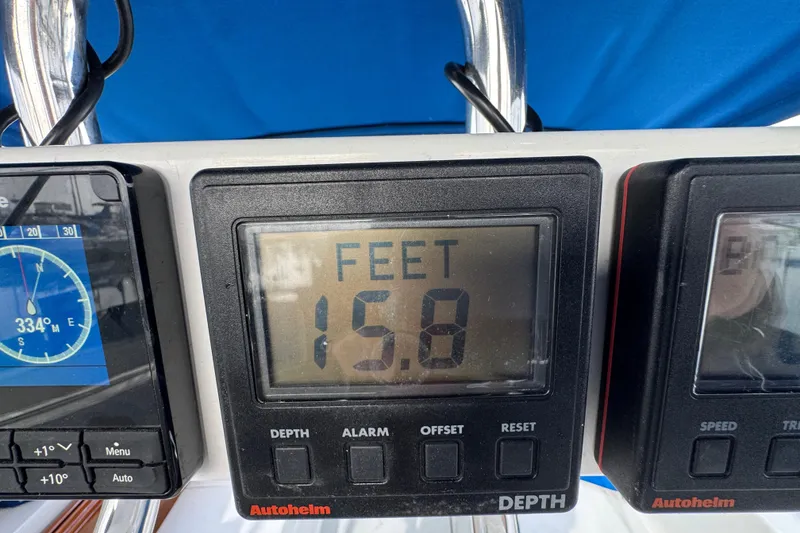 Depth gauge on 1991 Catalina 36MKI sailboat showing 15.8 feet.