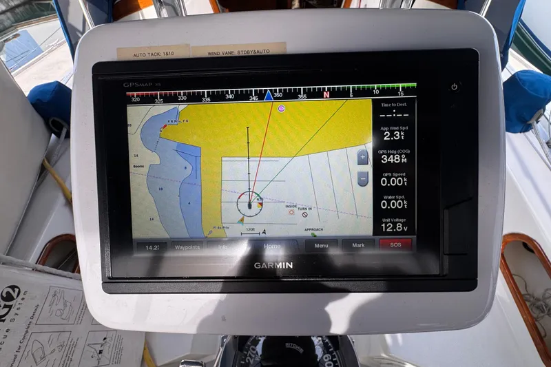 Garmin GPS display on 1991 Catalina 36MKI sailboat, showing navigation and speed data.