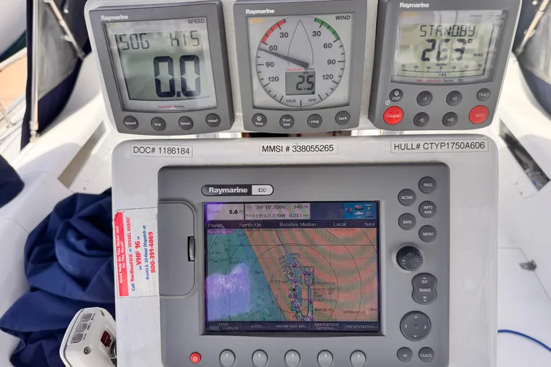 Catalina 34 MkII 2006 sailboat navigation instruments displaying speed, wind, and GPS data.