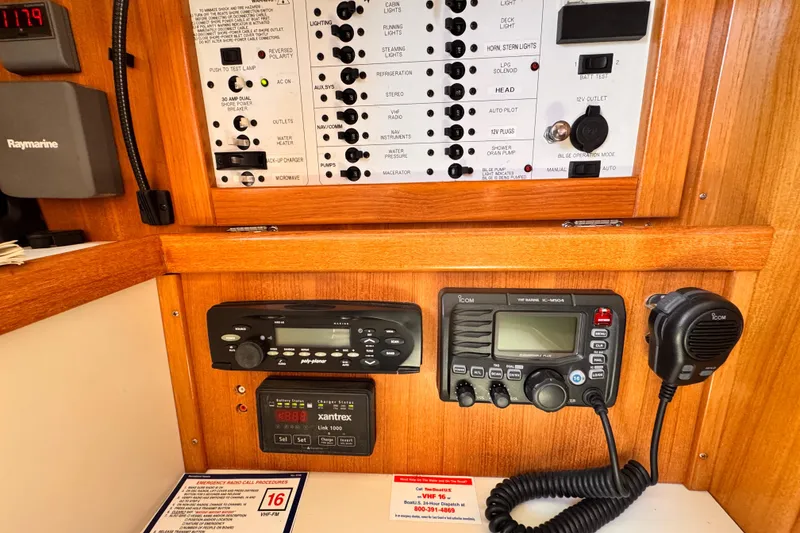 Control panel of a 2006 Catalina 34 MkII sailboat with navigation and communication equipment.