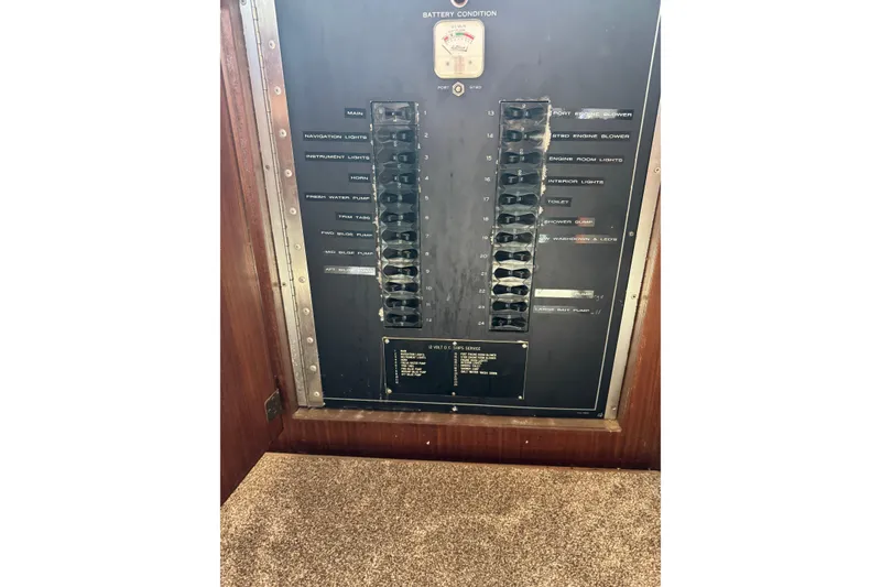 Electrical panel of a 1985 Hatteras 45 Convertible boat, featuring various switches and controls.