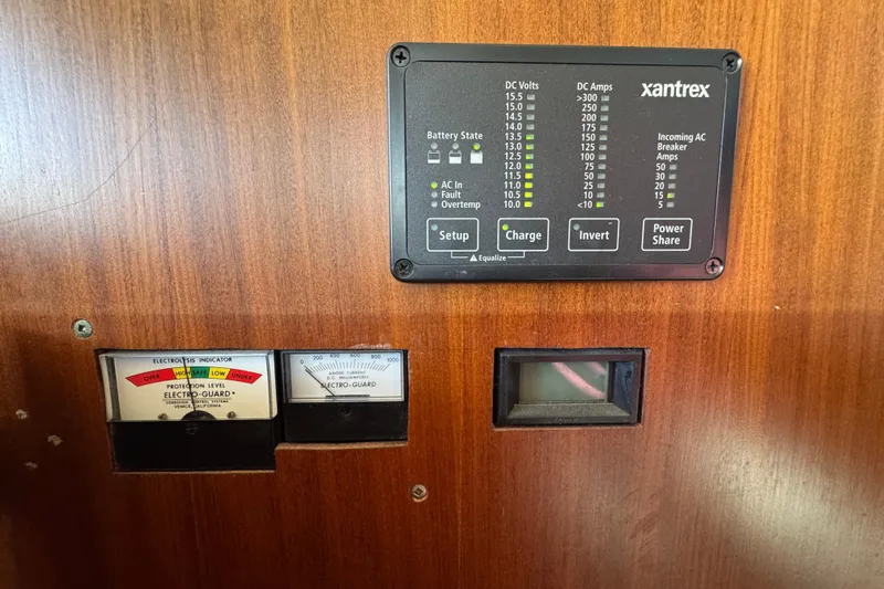 Control panel on a 1985 Hatteras 45 Convertible boat, featuring Xantrex and Electro-Guard indicators.