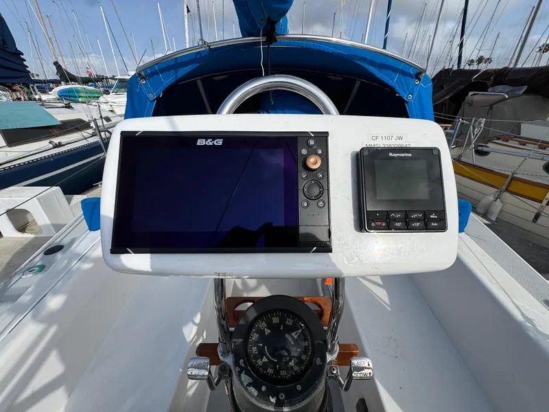 Cockpit of 1990 Catalina 30 MkII with navigation instruments and compass.