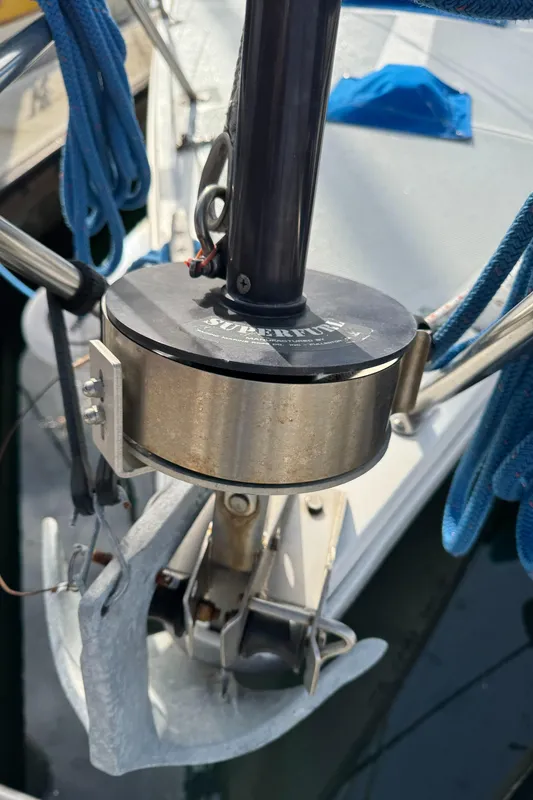 Close-up of a 1990 Catalina 30 MkII sailboat's anchor and rigging.
