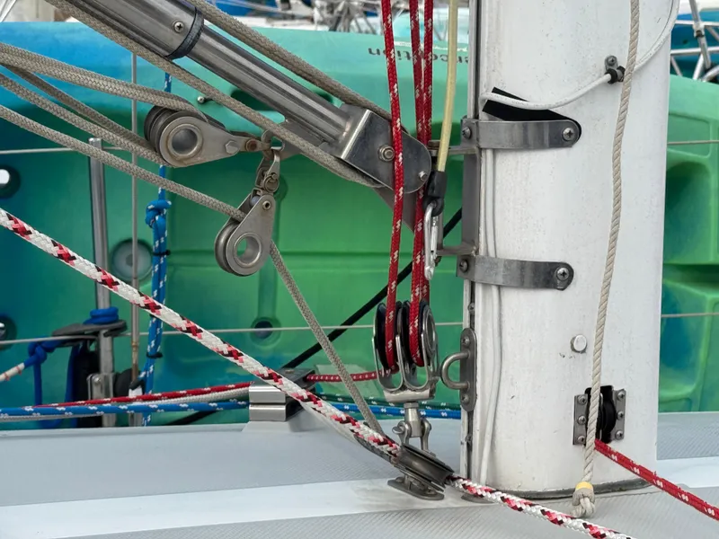 Close-up of Catalina 30 MkII sailboat rigging, featuring ropes and pulleys, 1990 model.