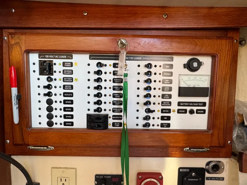 Electrical control panel on a 1990 Catalina 30 MkII sailboat.