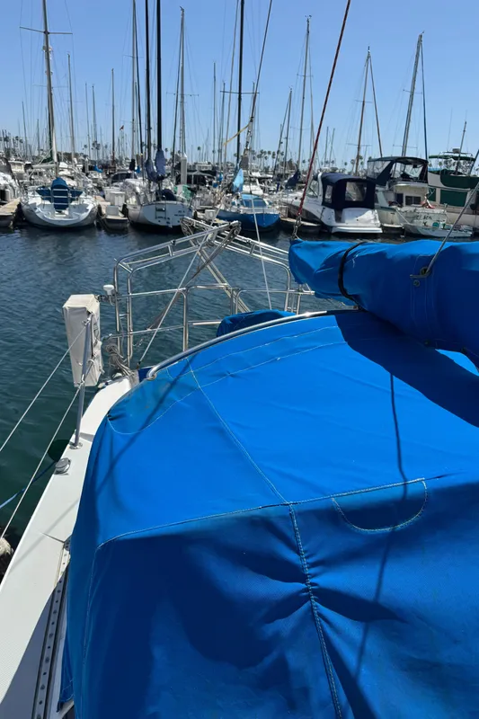 Catalina 30 MkII sailboat, 1990 model, docked in a marina with blue cover.