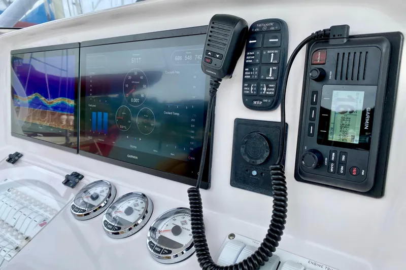 Dashboard of a 2006 Donzi 38 ZSF boat with Garmin navigation equipment.