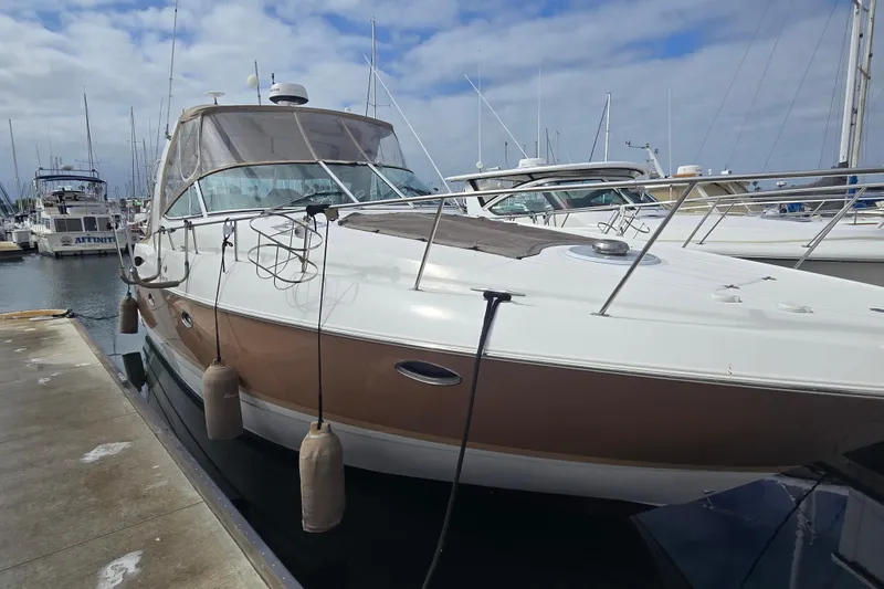 2006 Cruisers Yachts 370 Express docked at marina under cloudy sky.