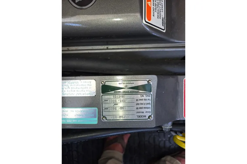Engine information plate on a 2006 Cruisers Yachts 370 Express.