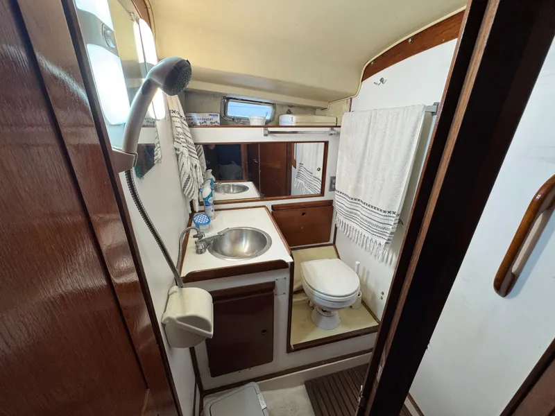 1981 Morgan 416 Out Island yacht bathroom with sink, toilet, and showerhead.